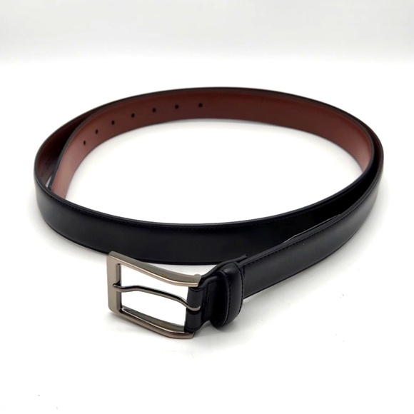 Perry Ellis Portfolio Mens Leather Black Dress Belt Sz 52 Gunmetal Buckle - Picture 1 of 8